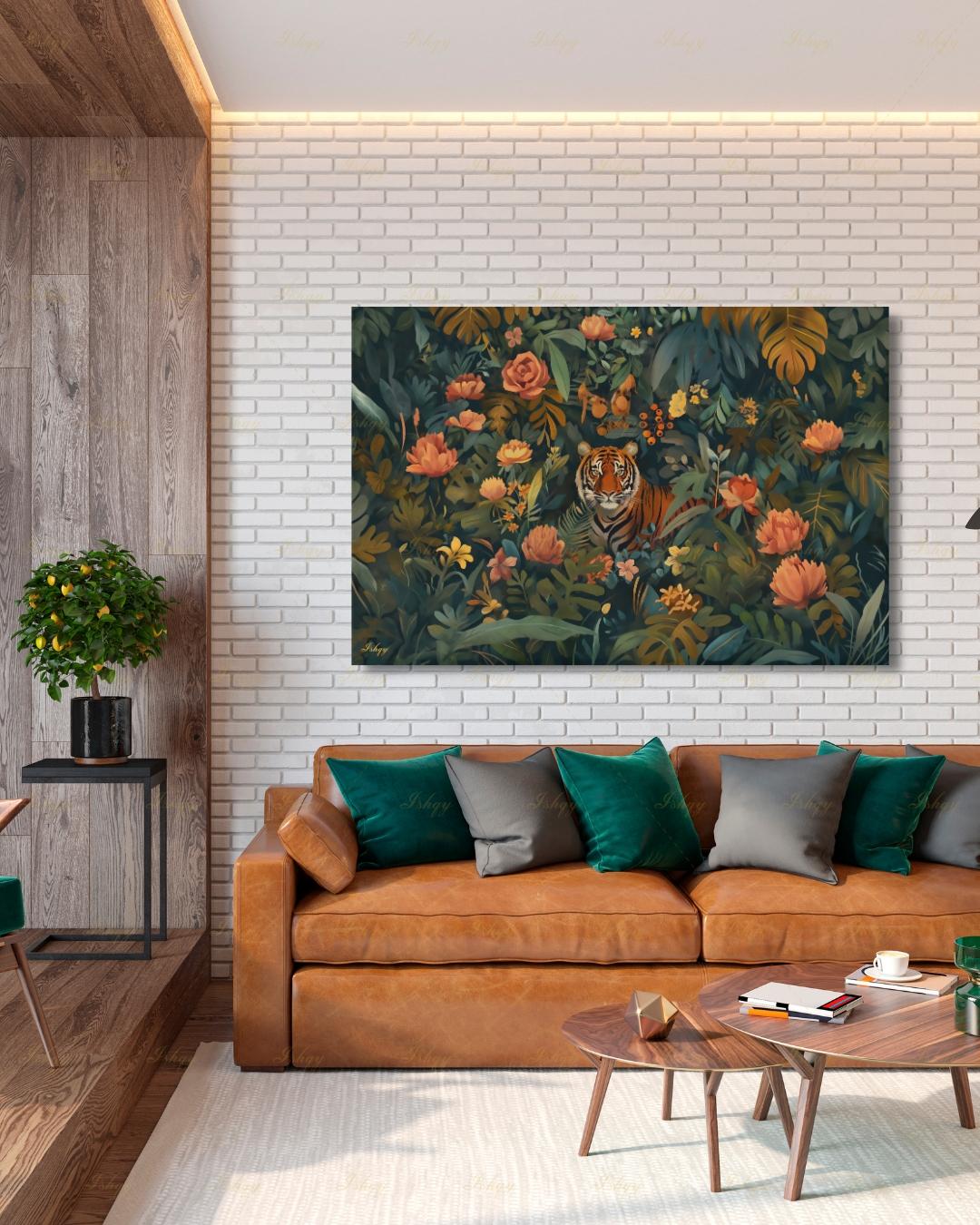 Oversized Tiger Canvas Wall Art, Dark Botanical Jungle Framed Canvas Print, Extra Large Maximalist Floral Painting, Above Bed Decor