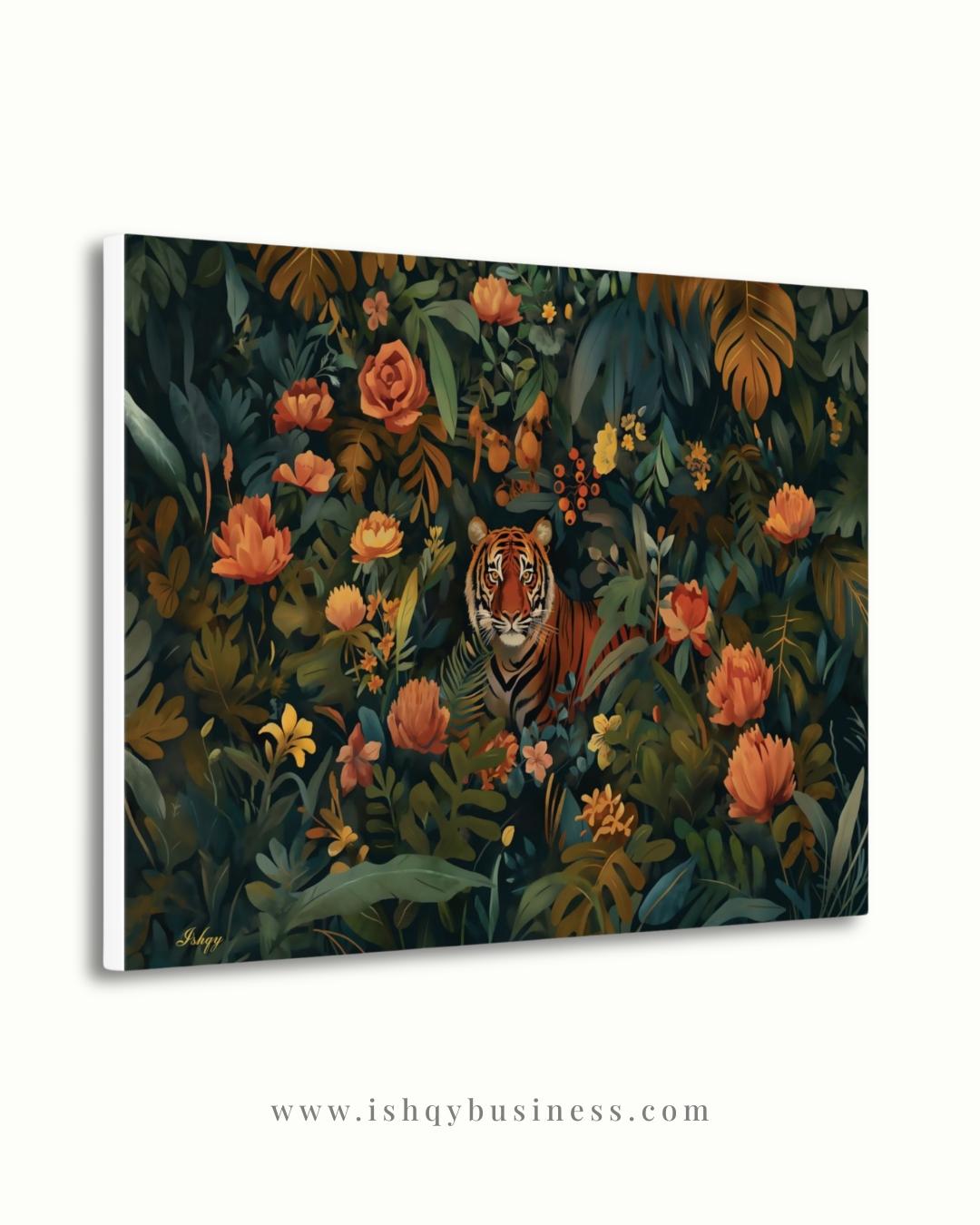 Tiger Wall Art Canvas Print Jungle Decor, Floral Wildlife Painting, Maximalist Botanical Living Room Statement Artwork