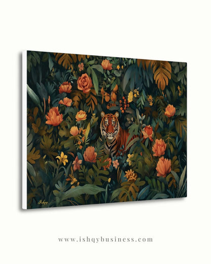 Tiger Wall Art Canvas Print Jungle Decor, Floral Wildlife Painting, Maximalist Botanical Living Room Statement Artwork