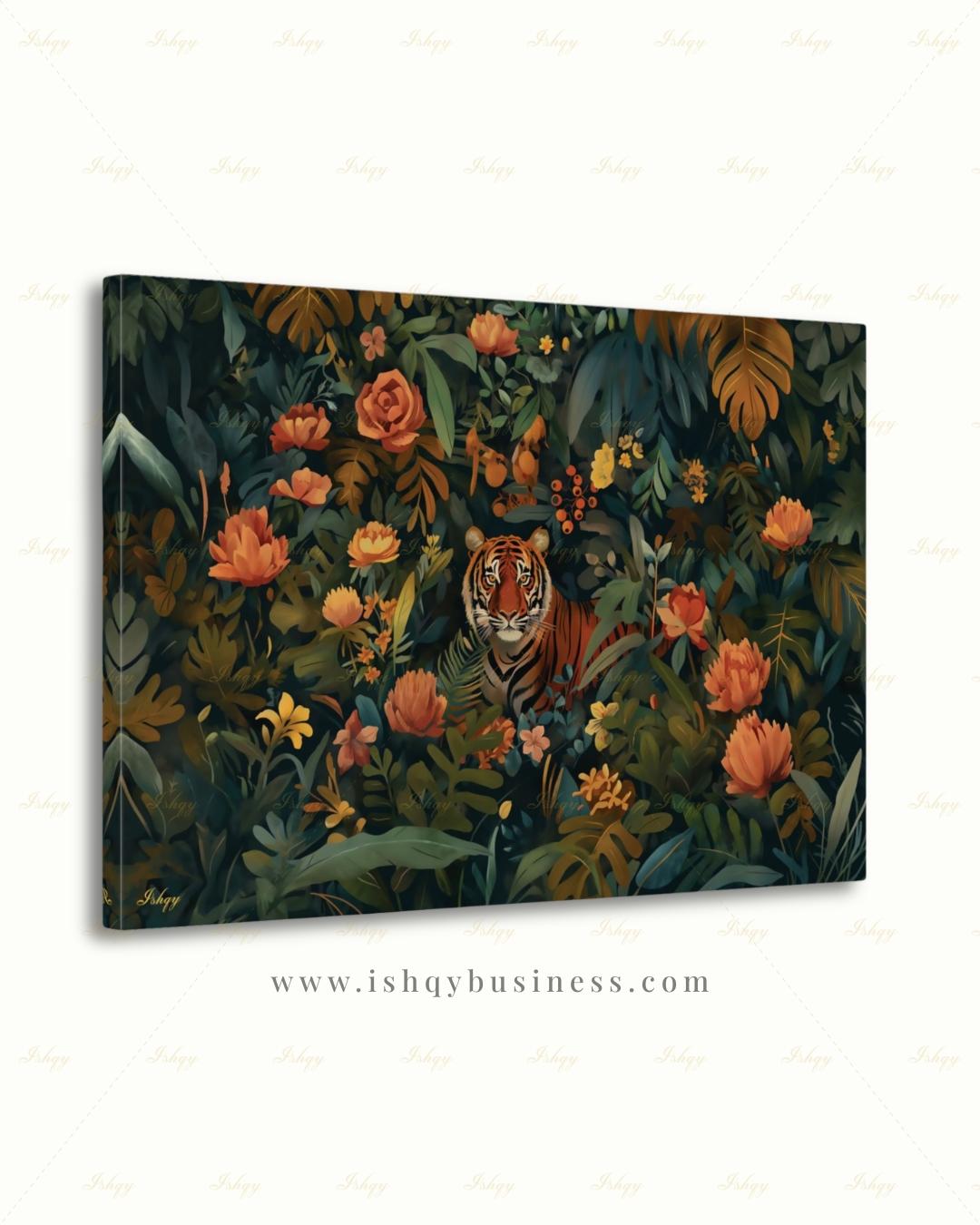 Oversized Tiger Canvas Wall Art, Dark Botanical Jungle Framed Canvas Print, Extra Large Maximalist Floral Painting, Above Bed Decor