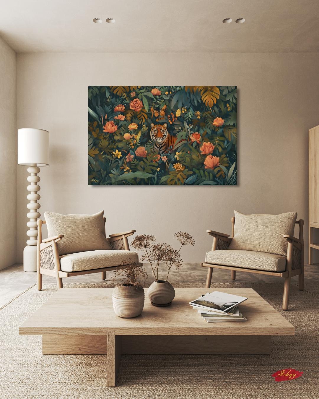 Tiger Wall Art Canvas Print Jungle Decor, Floral Wildlife Painting, Maximalist Botanical Living Room Statement Artwork