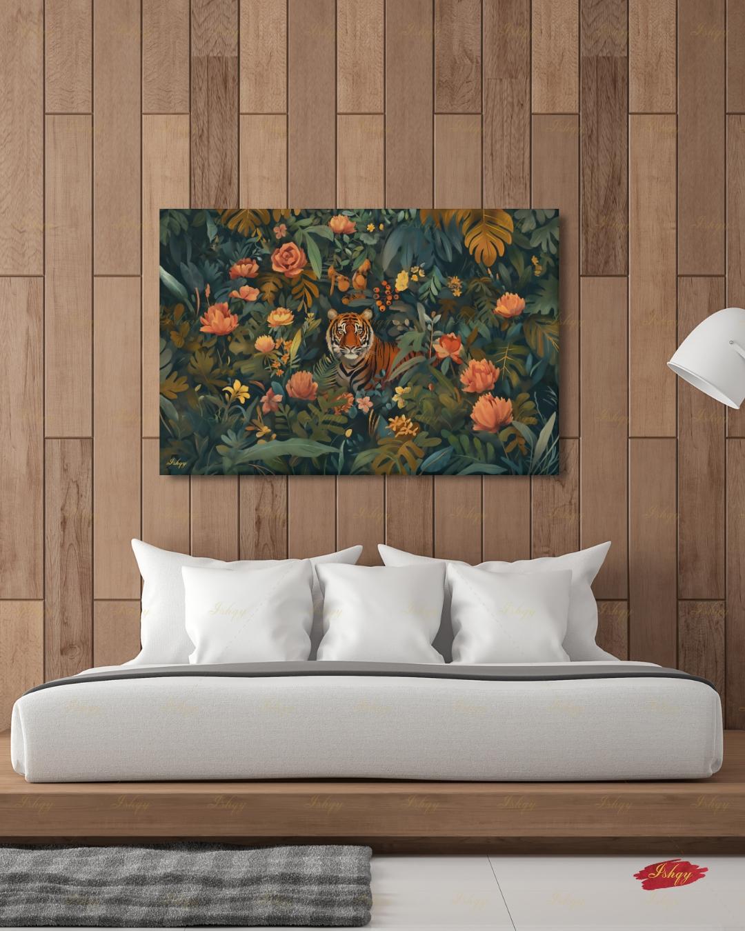 Oversized Tiger Canvas Wall Art, Dark Botanical Jungle Framed Canvas Print, Extra Large Maximalist Floral Painting, Above Bed Decor