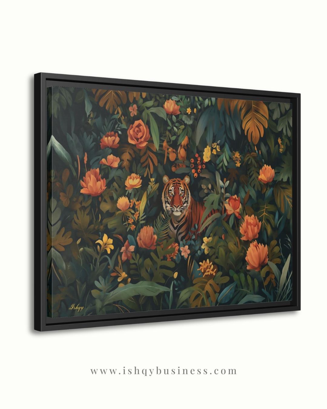 Tiger Wall Art Canvas Print Jungle Decor, Floral Wildlife Painting, Maximalist Botanical Living Room Statement Artwork