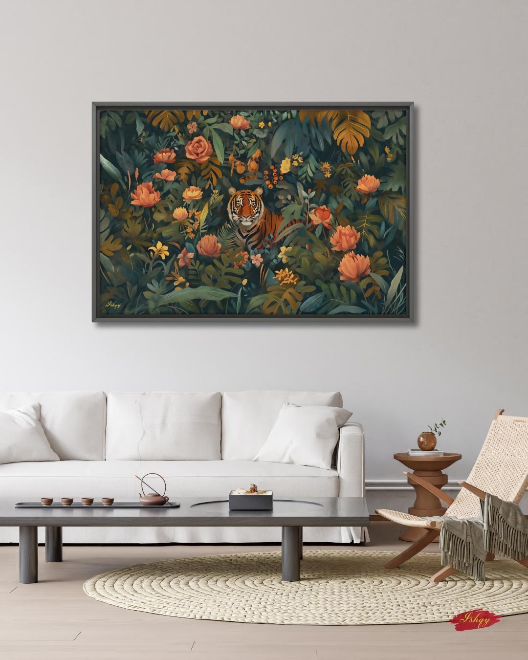 Tiger Wall Art Canvas Print Jungle Decor, Floral Wildlife Painting, Maximalist Botanical Living Room Statement Artwork