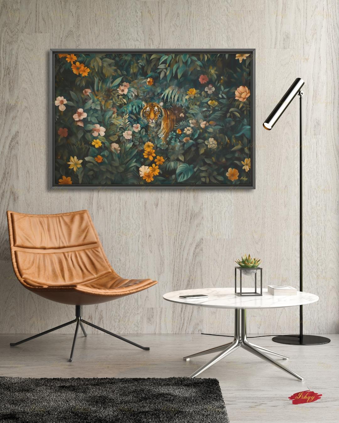 Oversized Tiger Canvas Wall Art, Dark Botanical Jungle Framed Canvas Print, Extra Large Maximalist Floral Painting, Above Bed Decor