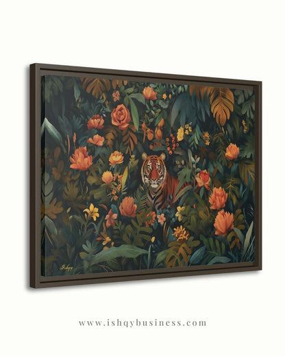 Tiger Wall Art Canvas Print Jungle Decor, Floral Wildlife Painting, Maximalist Botanical Living Room Statement Artwork