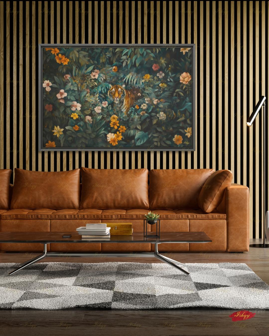 Oversized Tiger Canvas Wall Art, Dark Botanical Jungle Framed Canvas Print, Extra Large Maximalist Floral Painting, Above Bed Decor