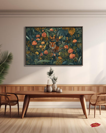 Tiger Wall Art Canvas Print Jungle Decor, Floral Wildlife Painting, Maximalist Botanical Living Room Statement Artwork