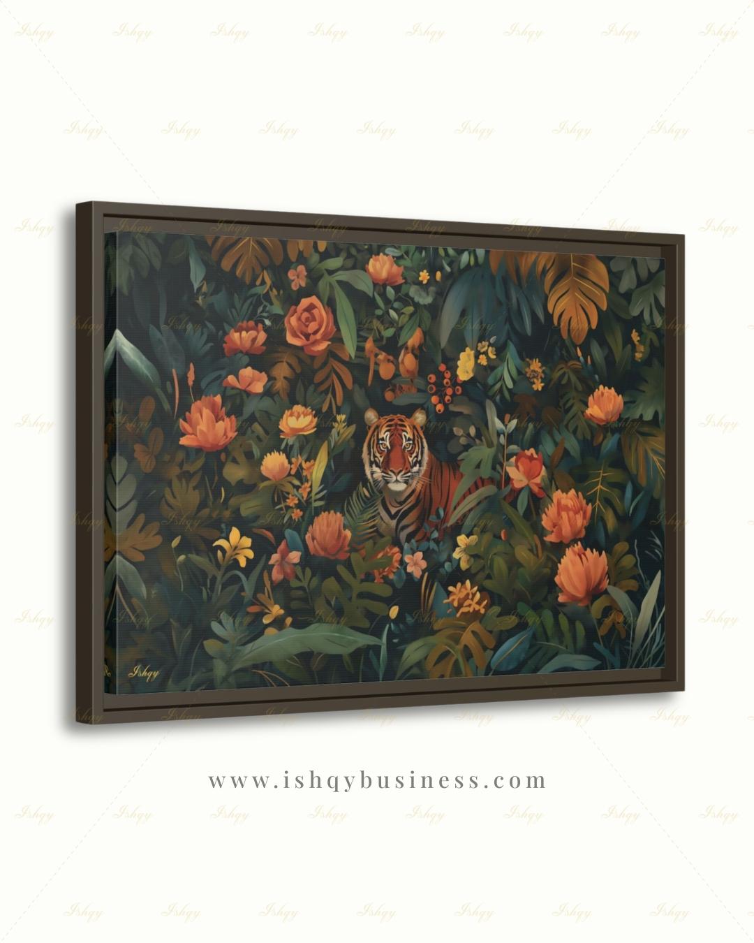 Oversized Tiger Canvas Wall Art, Dark Botanical Jungle Framed Canvas Print, Extra Large Maximalist Floral Painting, Above Bed Decor