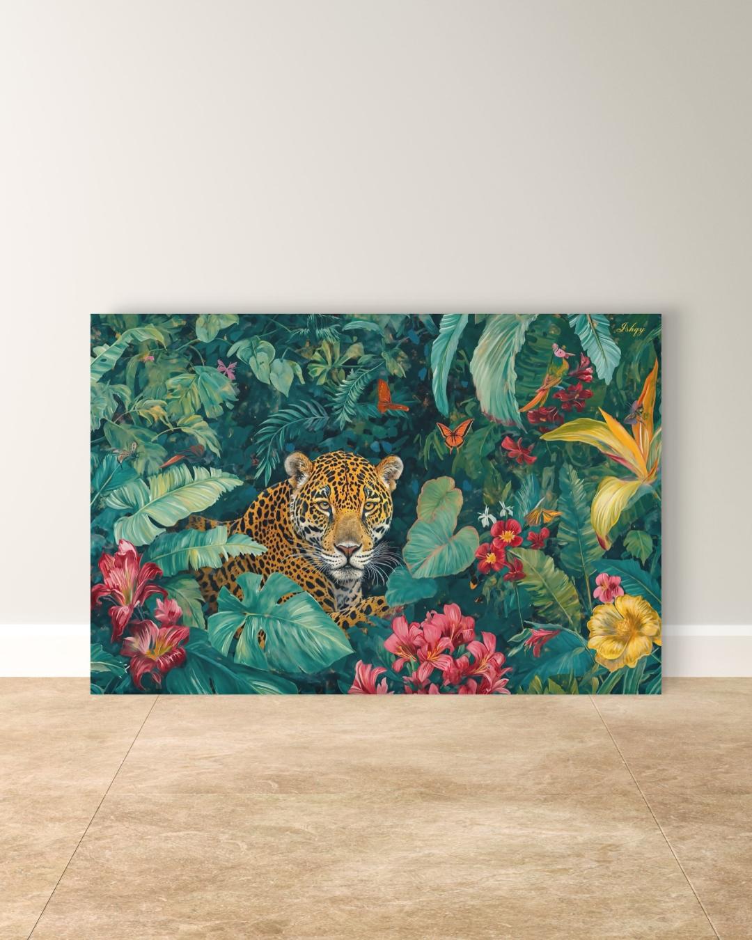 Amazon Jaguar Jungle Rainforest Wall Art Print Canvas Framed Canvas Tropical Wildlife Painting Lush Leaves for Living Room Bedroom Decor Art