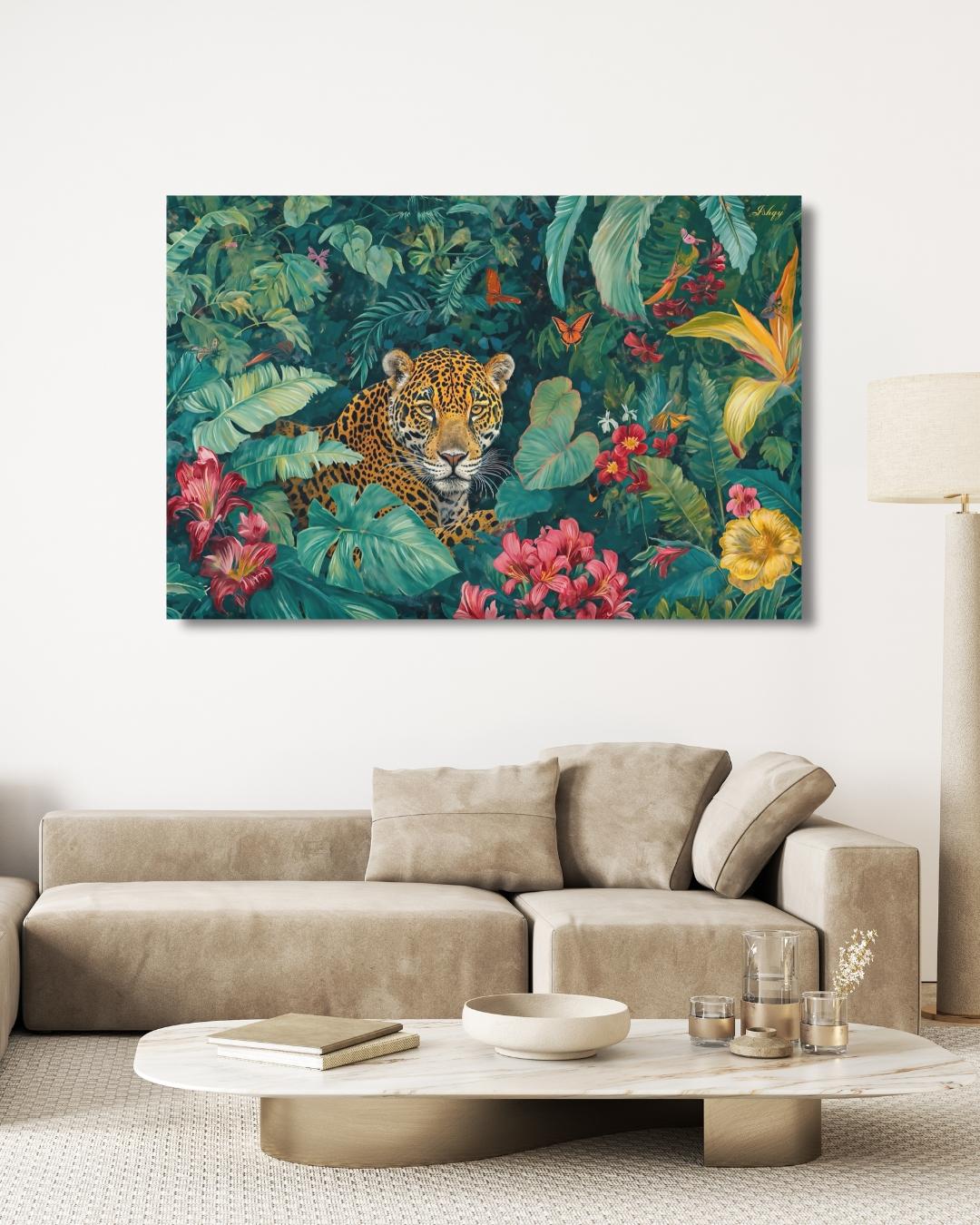 Amazon Jaguar Jungle Rainforest Wall Art Print Canvas Framed Canvas Tropical Wildlife Painting Lush Leaves for Living Room Bedroom Decor Art