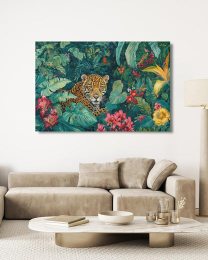 Amazon Jaguar Jungle Rainforest Wall Art Print Canvas Framed Canvas Tropical Wildlife Painting Lush Leaves for Living Room Bedroom Decor Art