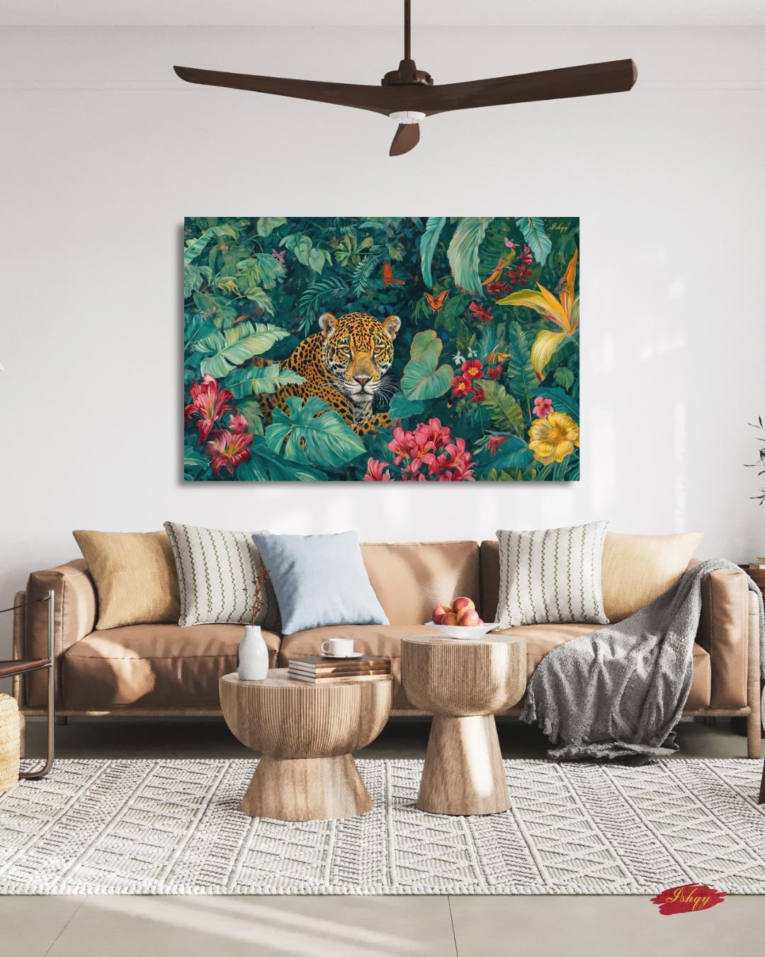 Amazon Jaguar Jungle Rainforest Wall Art Print Canvas Framed Canvas Tropical Wildlife Painting Lush Leaves for Living Room Bedroom Decor Art
