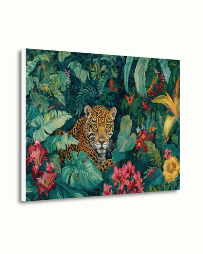 Amazon Jaguar Jungle Rainforest Wall Art Print Canvas Framed Canvas Tropical Wildlife Painting Lush Leaves for Living Room Bedroom Decor Art