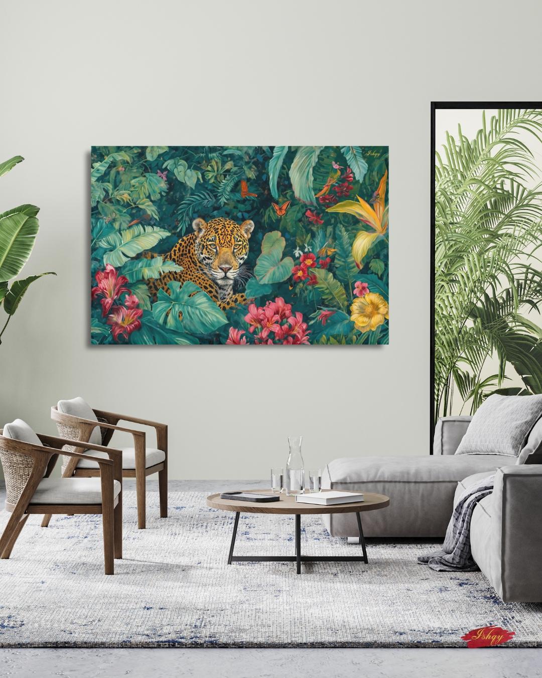 Amazon Jaguar Jungle Rainforest Wall Art Print Canvas Framed Canvas Tropical Wildlife Painting Lush Leaves for Living Room Bedroom Decor Art