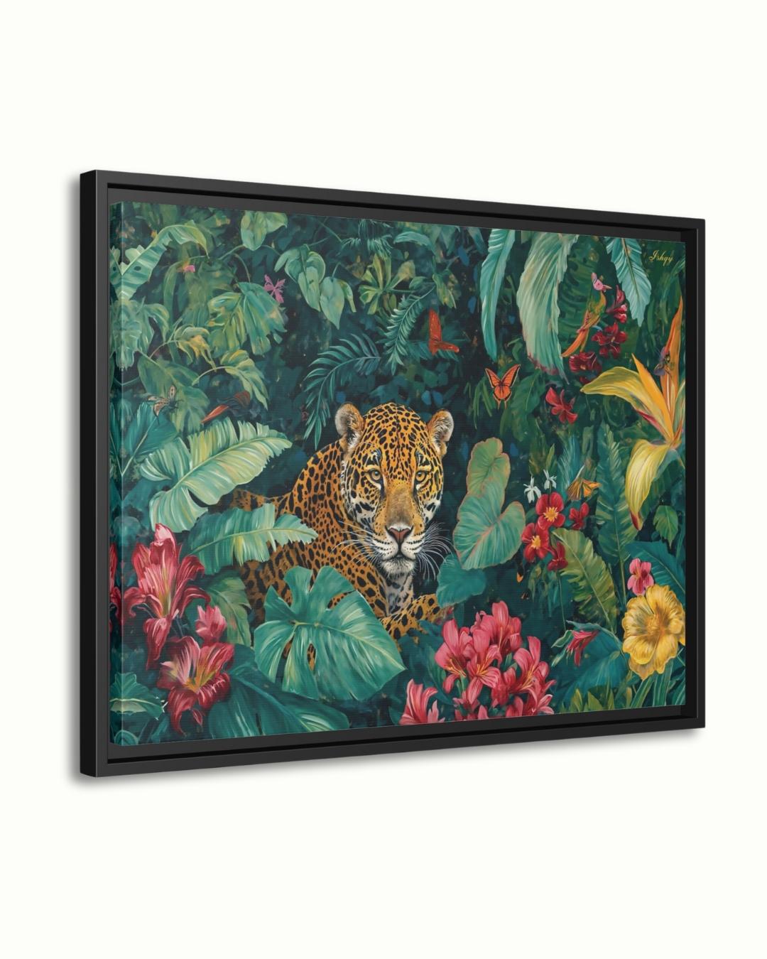 Amazon Jaguar Jungle Rainforest Wall Art Print Canvas Framed Canvas Tropical Wildlife Painting Lush Leaves for Living Room Bedroom Decor Art