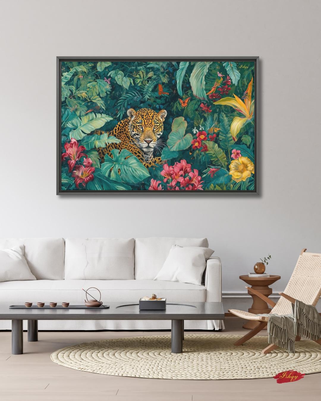 Amazon Jaguar Jungle Rainforest Wall Art Print Canvas Framed Canvas Tropical Wildlife Painting Lush Leaves for Living Room Bedroom Decor Art