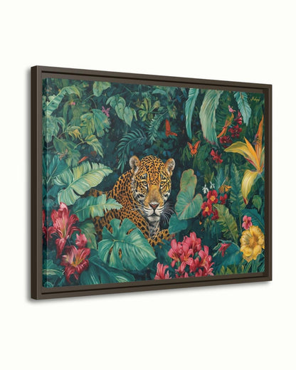 Amazon Jaguar Jungle Rainforest Wall Art Print Canvas Framed Canvas Tropical Wildlife Painting Lush Leaves for Living Room Bedroom Decor Art
