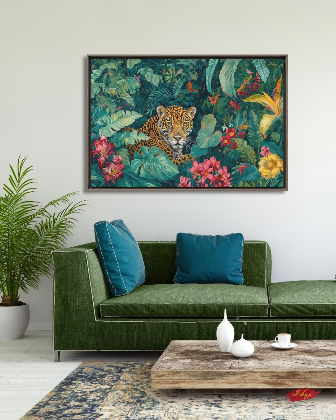 Amazon Jaguar Jungle Rainforest Wall Art Print Canvas Framed Canvas Tropical Wildlife Painting Lush Leaves for Living Room Bedroom Decor Art