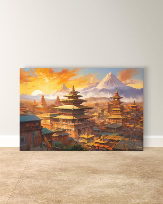 Kathmandu Nepal Cityscape Painting Canvas Framed Canvas, Pagoda Temples Skyline Art Print, Himalayan Sunset Wall Art For Living Room Decor