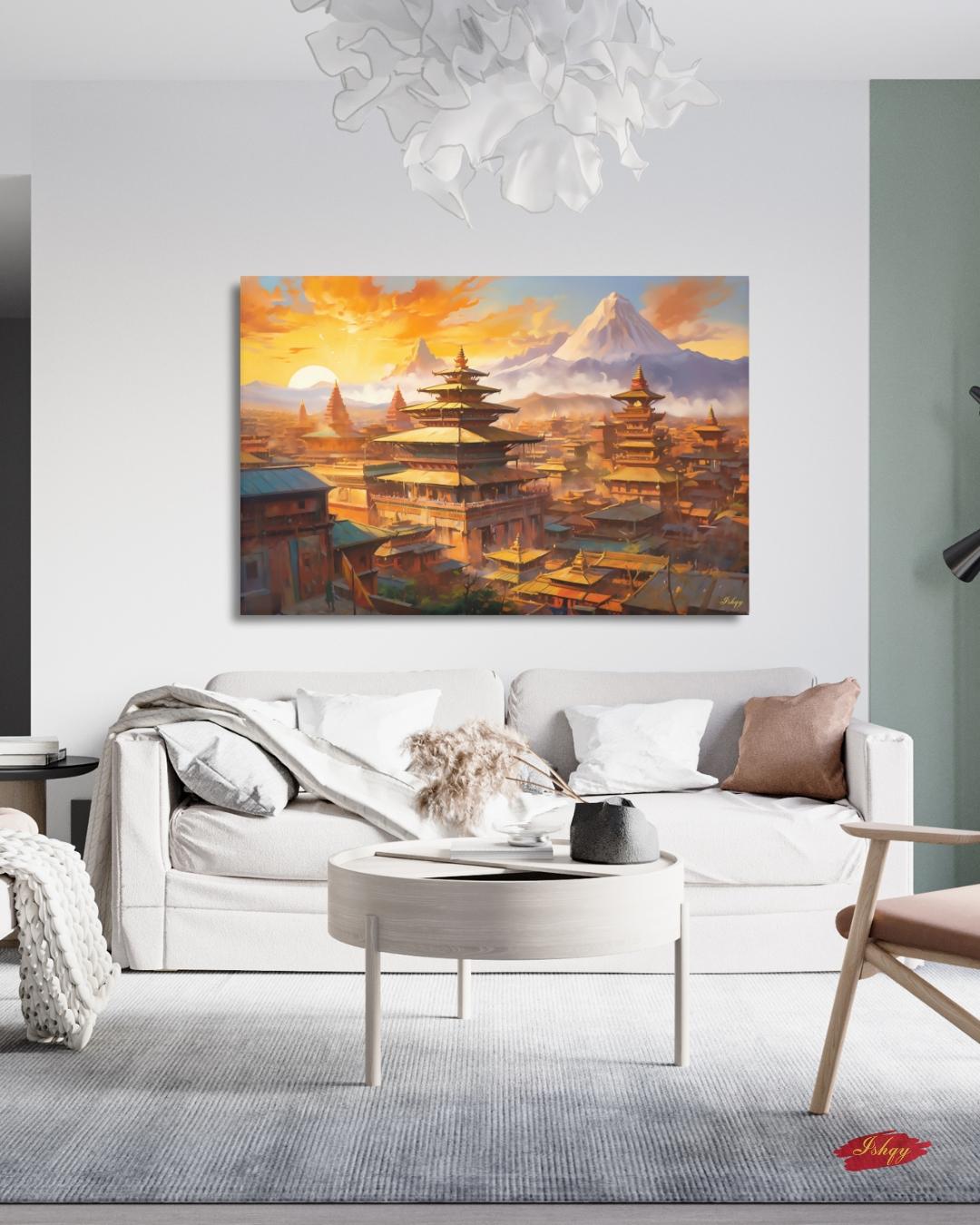Kathmandu Nepal Cityscape Painting Canvas Framed Canvas, Pagoda Temples Skyline Art Print, Himalayan Sunset Wall Art For Living Room Decor