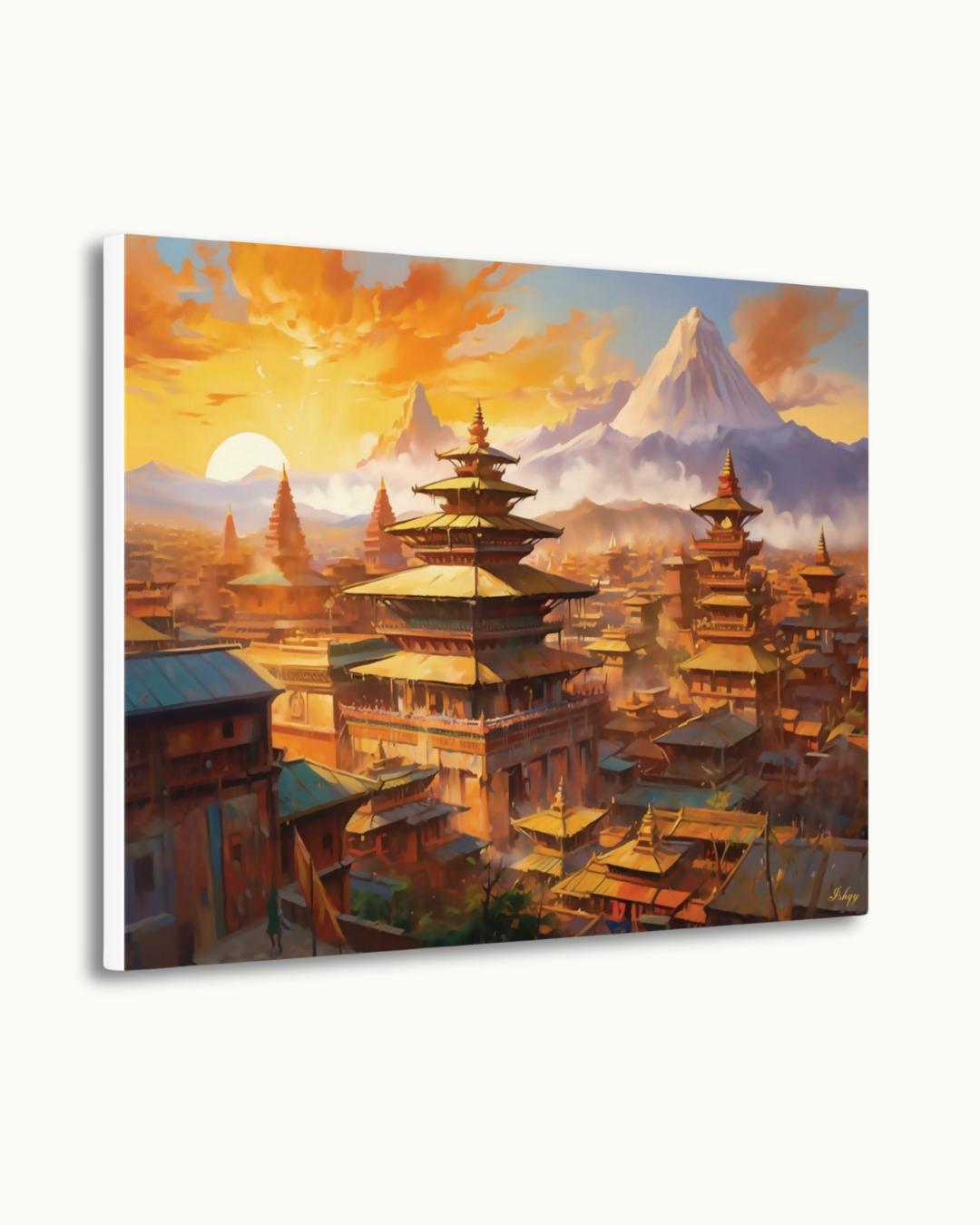 Kathmandu Nepal Cityscape Painting Canvas Framed Canvas, Pagoda Temples Skyline Art Print, Himalayan Sunset Wall Art For Living Room Decor