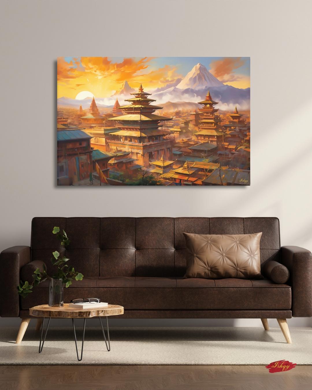 Kathmandu Nepal Cityscape Painting Canvas Framed Canvas, Pagoda Temples Skyline Art Print, Himalayan Sunset Wall Art For Living Room Decor