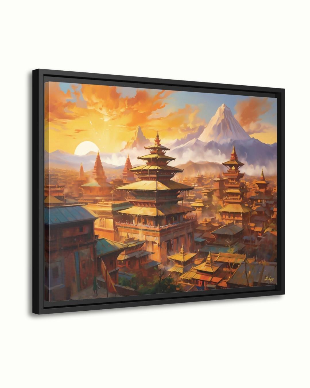 Kathmandu Nepal Cityscape Painting Canvas Framed Canvas, Pagoda Temples Skyline Art Print, Himalayan Sunset Wall Art For Living Room Decor