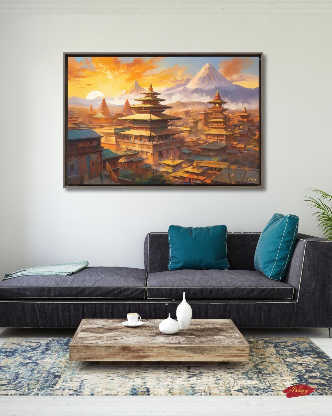 Kathmandu Nepal Cityscape Painting Canvas Framed Canvas, Pagoda Temples Skyline Art Print, Himalayan Sunset Wall Art For Living Room Decor