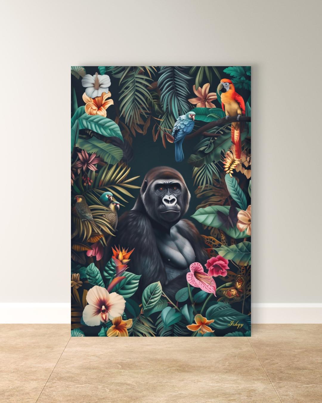 Jungle Gorilla Painting Canvas Framed Canvas, Tropical Rainforest Wildlife Art Print, Colorful Jungle Wall Art For Living Room, Bedroom, Office