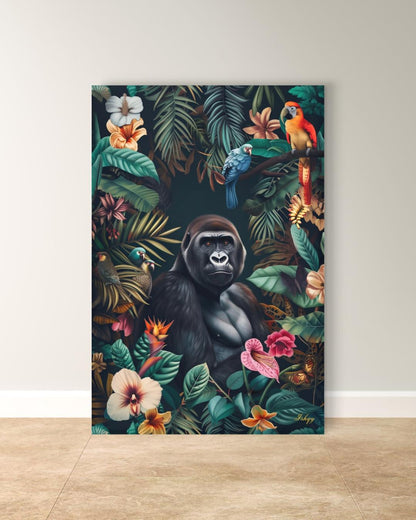 Jungle Gorilla Painting Canvas Framed Canvas, Tropical Rainforest Wildlife Art Print, Colorful Jungle Wall Art For Living Room, Bedroom, Office