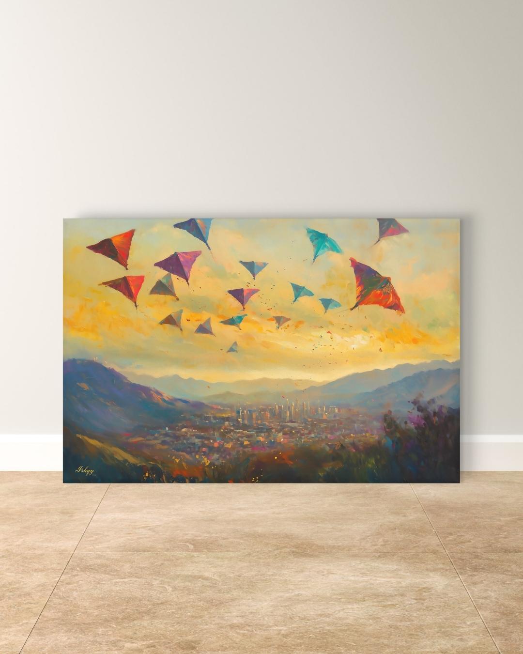 Kabul Kite Festival Painting, Afghan Wall Art, Colorful Cityscape Canvas, Mountain Sunset Decor, Cultural Travel Home Art