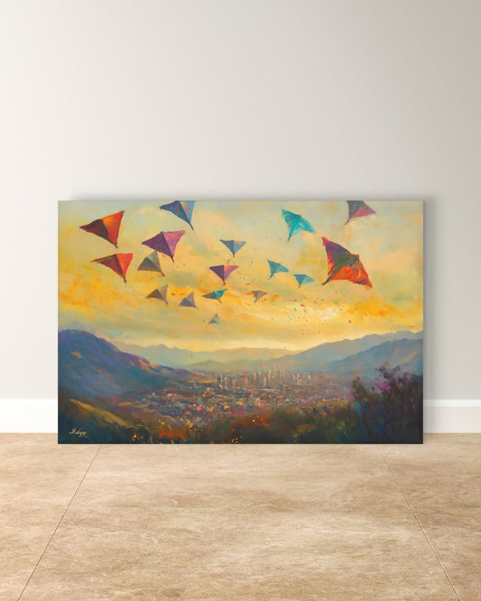 Kabul Kite Festival Painting, Afghan Wall Art, Colorful Cityscape Canvas, Mountain Sunset Decor, Cultural Travel Home Art