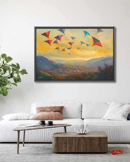 Kabul Kite Festival Painting, Afghan Wall Art, Colorful Cityscape Canvas, Mountain Sunset Decor, Cultural Travel Home Art