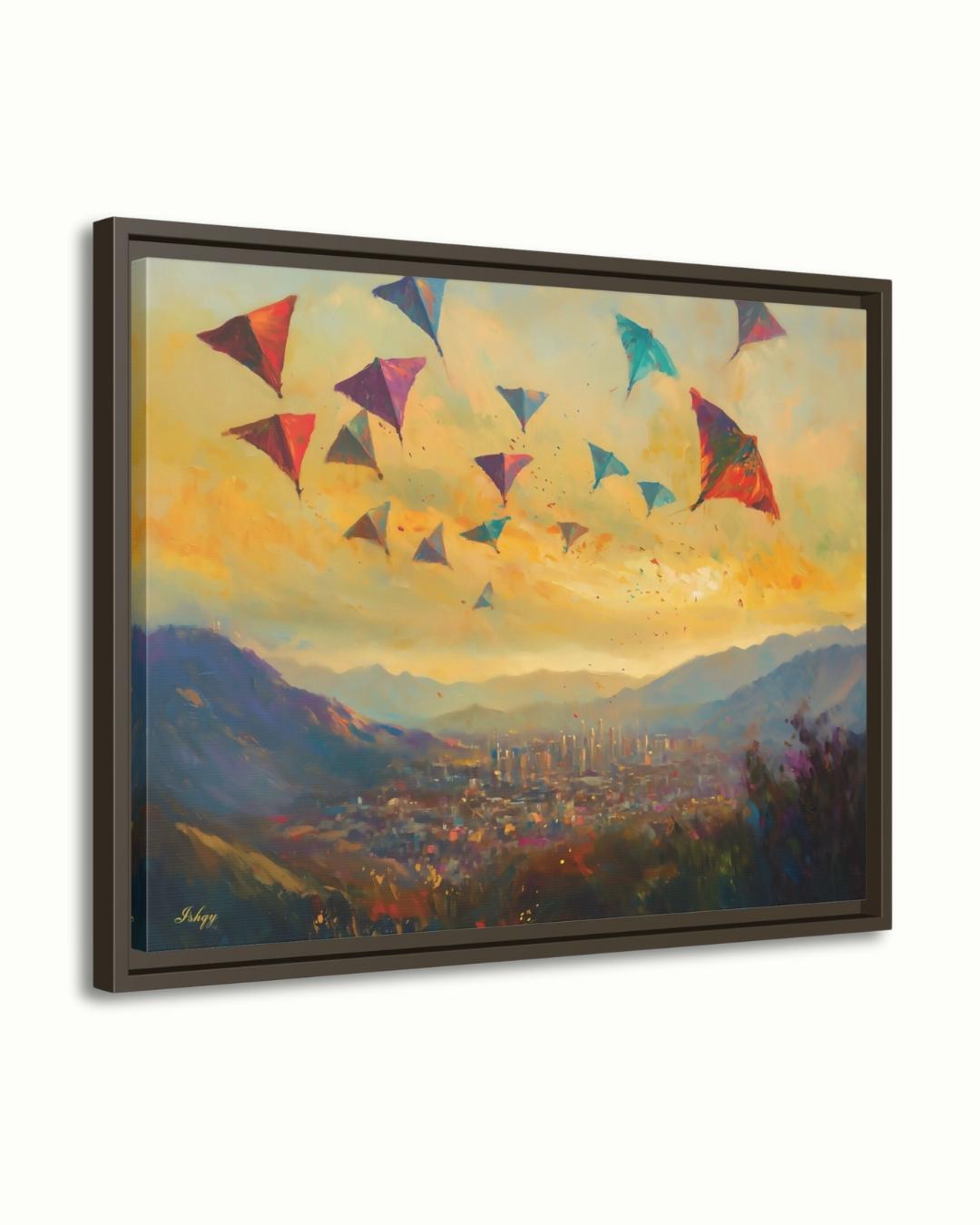 Kabul Kite Festival Painting, Afghan Wall Art, Colorful Cityscape Canvas, Mountain Sunset Decor, Cultural Travel Home Art