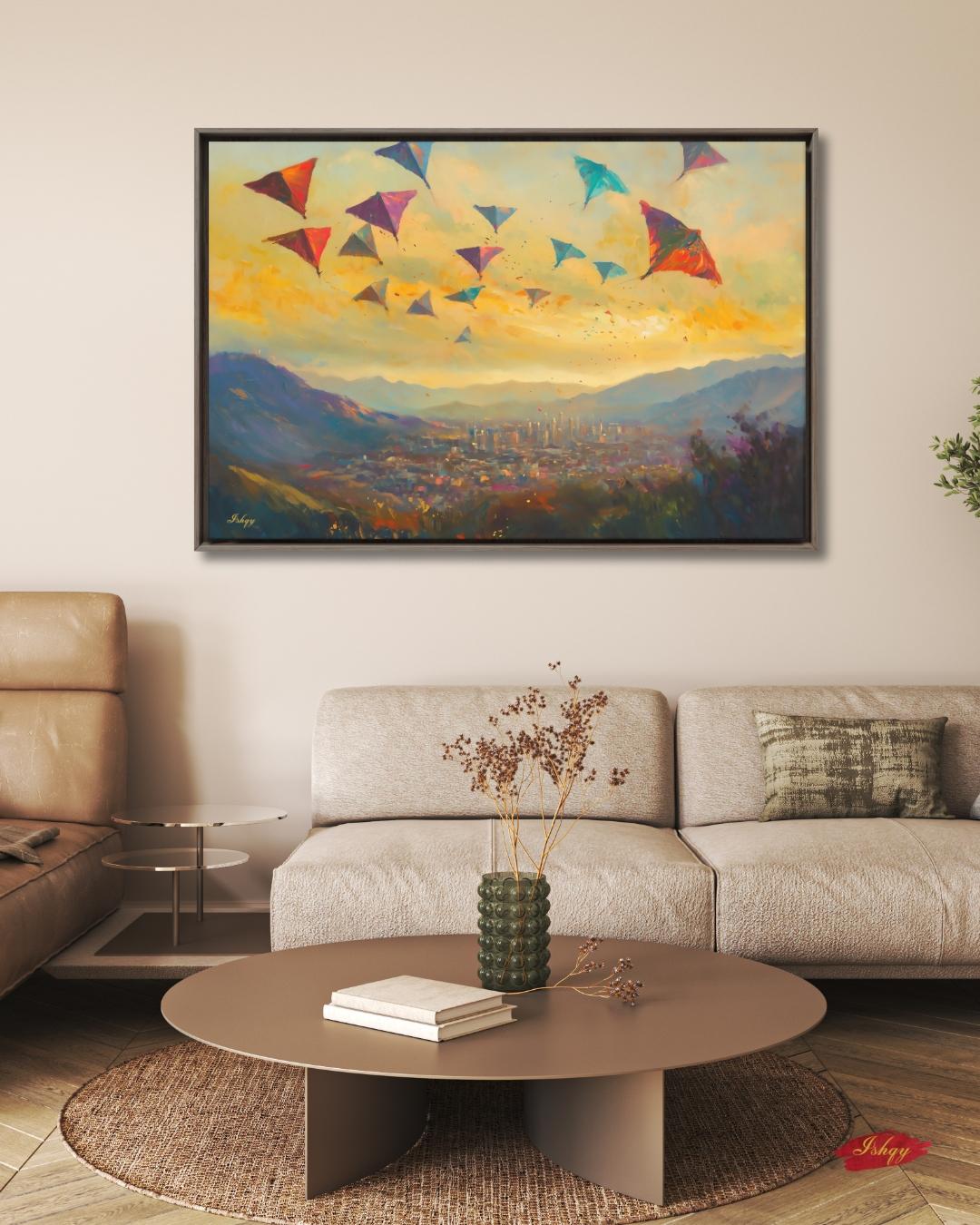Kabul Kite Festival Painting, Afghan Wall Art, Colorful Cityscape Canvas, Mountain Sunset Decor, Cultural Travel Home Art