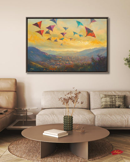 Kabul Kite Festival Painting, Afghan Wall Art, Colorful Cityscape Canvas, Mountain Sunset Decor, Cultural Travel Home Art