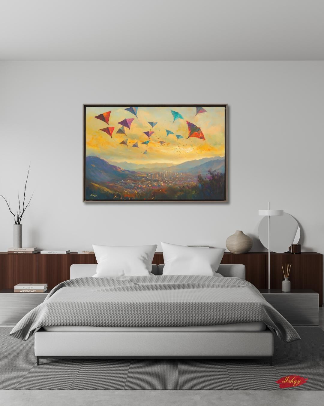 Kabul Kite Festival Painting, Afghan Wall Art, Colorful Cityscape Canvas, Mountain Sunset Decor, Cultural Travel Home Art