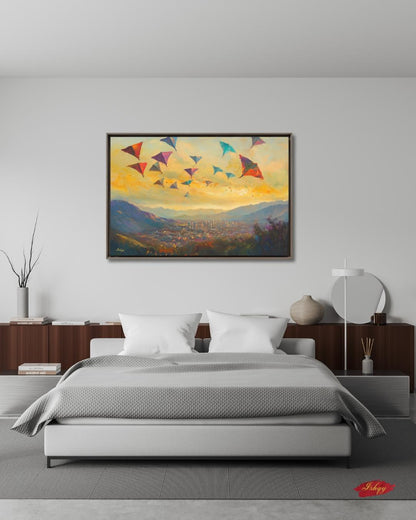 Kabul Kite Festival Painting, Afghan Wall Art, Colorful Cityscape Canvas, Mountain Sunset Decor, Cultural Travel Home Art
