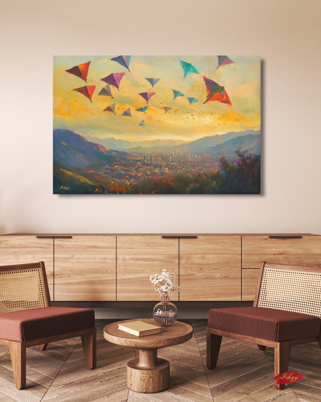 Kabul Kite Festival Painting, Afghan Wall Art, Colorful Cityscape Canvas, Mountain Sunset Decor, Cultural Travel Home Art