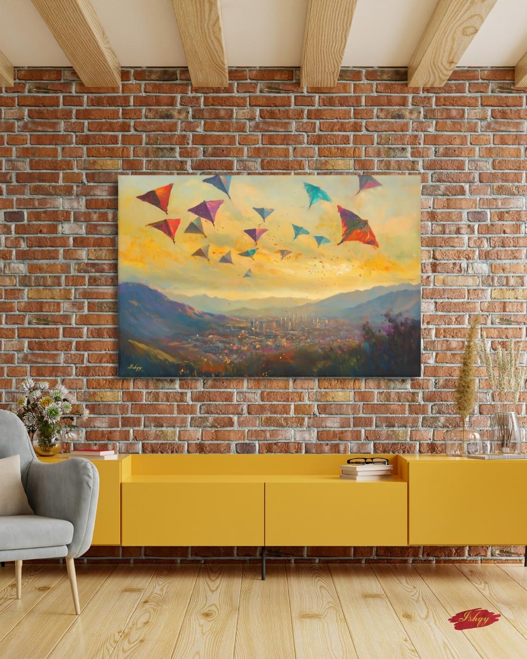 Kabul Kite Festival Painting, Afghan Wall Art, Colorful Cityscape Canvas, Mountain Sunset Decor, Cultural Travel Home Art