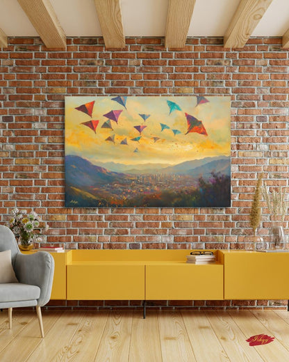 Kabul Kite Festival Painting, Afghan Wall Art, Colorful Cityscape Canvas, Mountain Sunset Decor, Cultural Travel Home Art