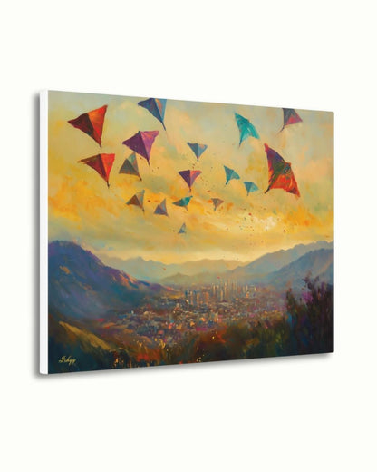 Kabul Kite Festival Painting, Afghan Wall Art, Colorful Cityscape Canvas, Mountain Sunset Decor, Cultural Travel Home Art