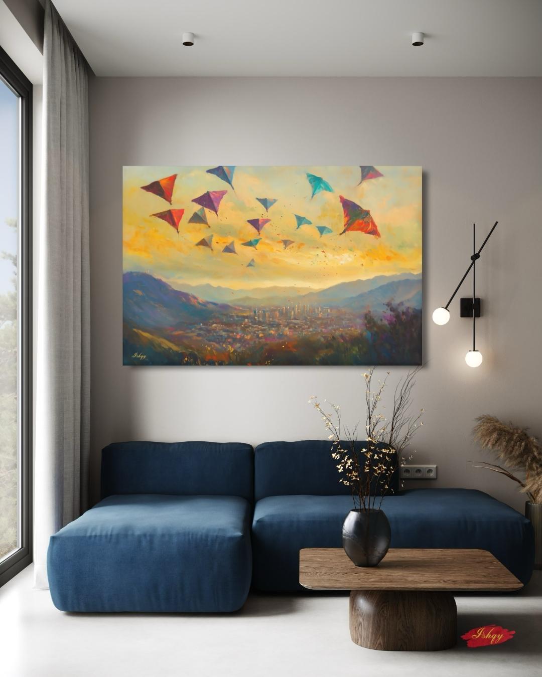 Kabul Kite Festival Painting, Afghan Wall Art, Colorful Cityscape Canvas, Mountain Sunset Decor, Cultural Travel Home Art