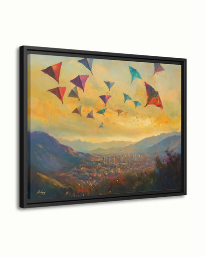 Kabul Kite Festival Painting, Afghan Wall Art, Colorful Cityscape Canvas, Mountain Sunset Decor, Cultural Travel Home Art