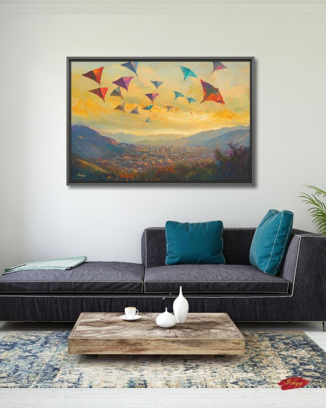 Kabul Kite Festival Painting, Afghan Wall Art, Colorful Cityscape Canvas, Mountain Sunset Decor, Cultural Travel Home Art