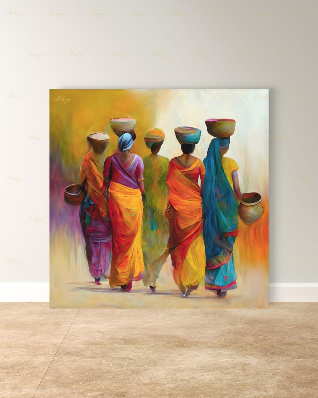 Indian Art, Indian Wall Art, Indian Paintings, Indian Lady Painting, Canvas Wall Art, Framed Canvas Print, Extra Large Indian Women Painting