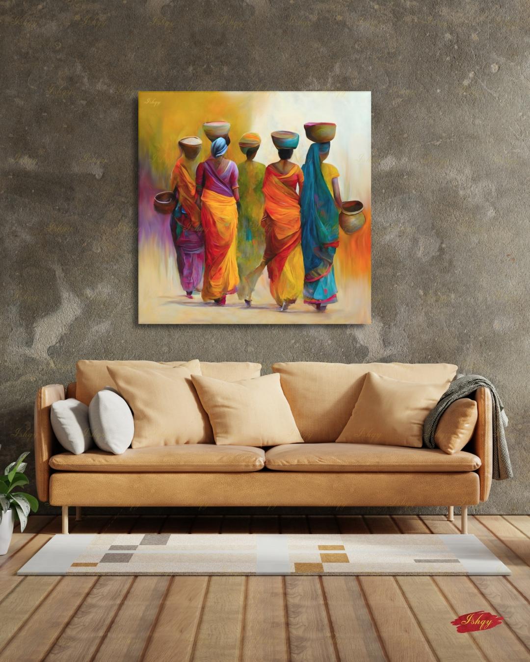Indian Art, Indian Wall Art, Indian Paintings, Indian Lady Painting, Canvas Wall Art, Framed Canvas Print, Extra Large Indian Women Painting
