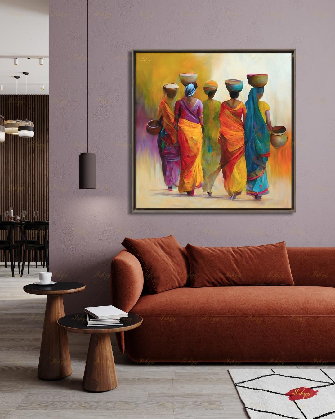 Indian Art, Indian Wall Art, Indian Paintings, Indian Lady Painting, Canvas Wall Art, Framed Canvas Print, Extra Large Indian Women Painting