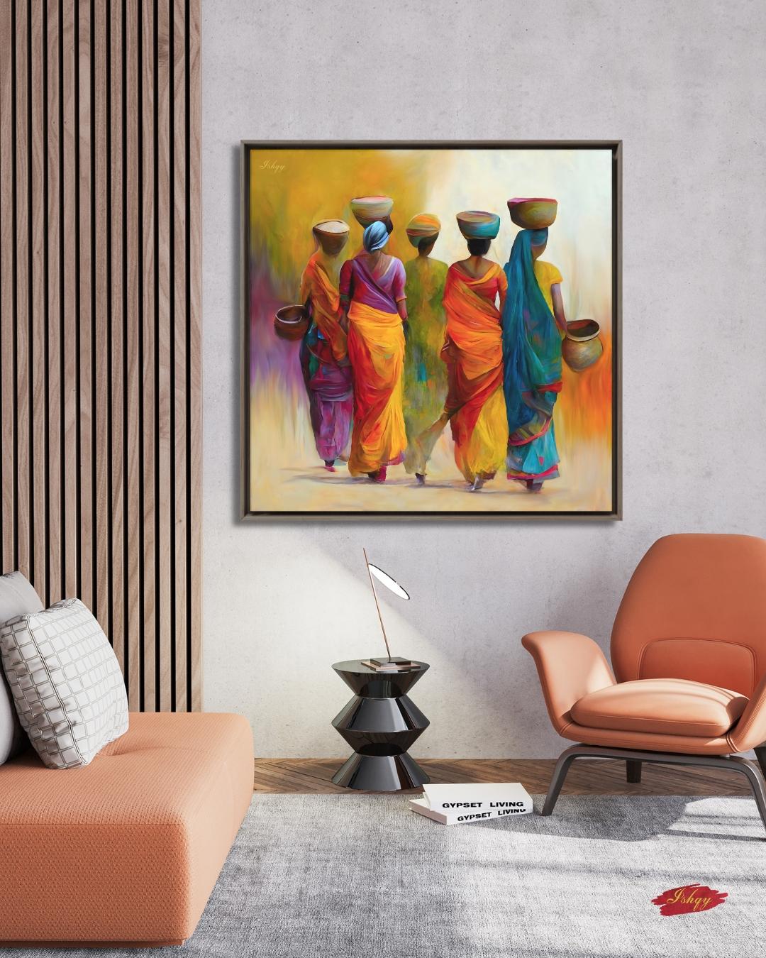 Indian Art, Indian Wall Art, Indian Paintings, Indian Lady Painting, Canvas Wall Art, Framed Canvas Print, Extra Large Indian Women Painting